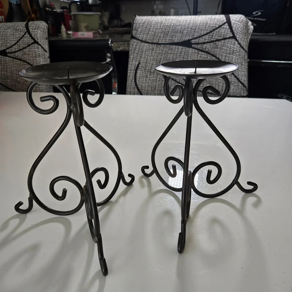 Target Wrought Iron Pillar Candle Holder Set of 2 Black Scrollwork Tripod Base